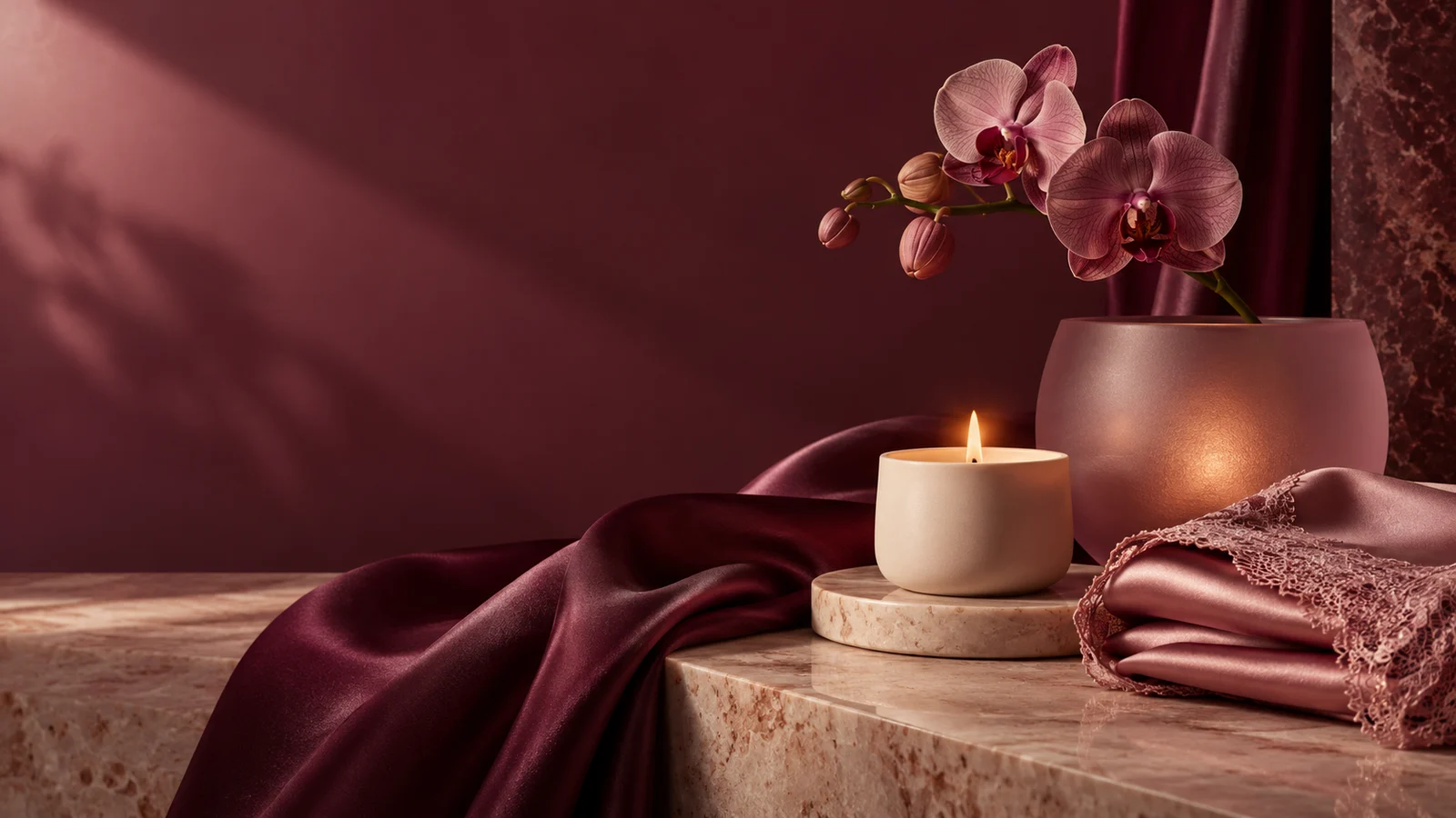 Imagine de atmosferă cu lumină caldă, textile și un vas din sticlă