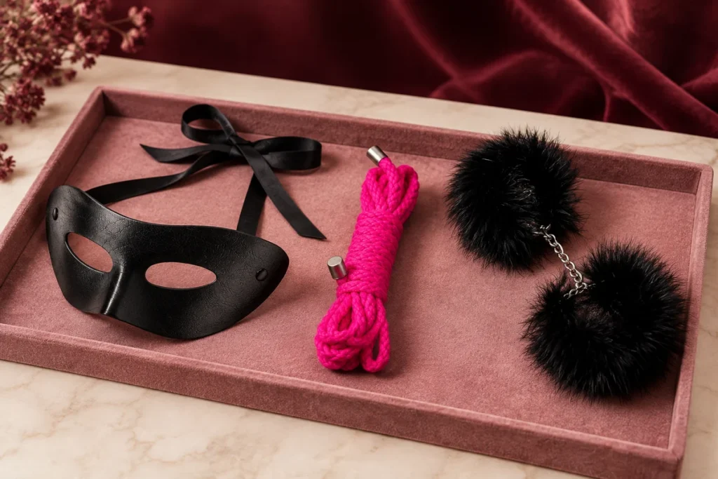Mască Fifty Shades Darker, frânghie roz Ouch și cătușe pufoase SecretPlay