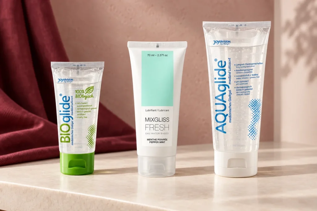 Lubrifianți Bioglide, Mixgliss și AQUAglide în ambalajele lor